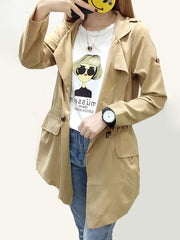 Lapel Elastic Waist Plain Long Sleeve Trench Coats