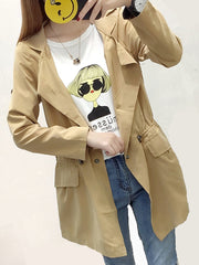 Lapel Elastic Waist Plain Long Sleeve Trench Coats