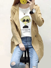 Lapel Elastic Waist Plain Long Sleeve Trench Coats