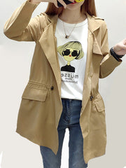 Lapel Elastic Waist Plain Long Sleeve Trench Coats