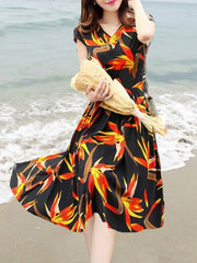 V Neck Floral Printed Skater Dress