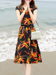 V Neck Floral Printed Skater Dress
