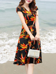 V Neck Floral Printed Skater Dress