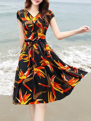 V Neck Floral Printed Skater Dress