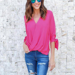 V Neck Asymmetric Hem Plain Blouses
