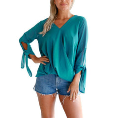 V Neck Asymmetric Hem Plain Blouses