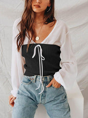 Two-piece V Neck Chic Long Sleeve Woman Blouse Tops
