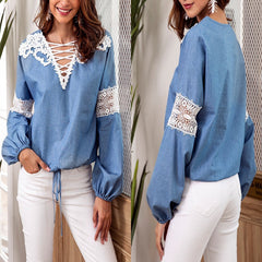 Lace Up Stylish Long Sleeve Plain T-Shirt Blouse