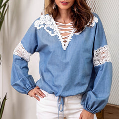 Lace Up Stylish Long Sleeve Plain T-Shirt Blouse