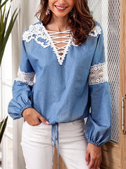 Lace Up Stylish Long Sleeve Plain T-Shirt Blouse