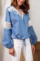 Lace Up Stylish Long Sleeve Plain T-Shirt Blouse