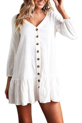 V Neck Single Breasted Plain Long Sleeve Casual Dresses