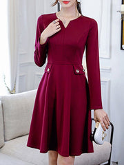 V Neck Decorative Buttons Plain Skater Dress