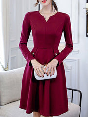 V Neck Decorative Buttons Plain Skater Dress