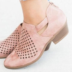 Hollow Out Chunky Low Heeled Velvet Round Toe Outdoor Ankle Boots