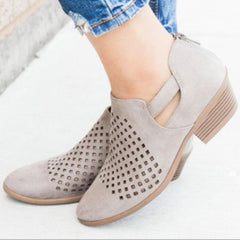 Hollow Out Chunky Low Heeled Velvet Round Toe Outdoor Ankle Boots