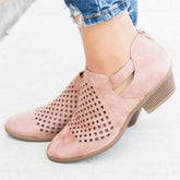Hollow Out Chunky Low Heeled Velvet Round Toe Outdoor Ankle Boots