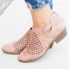 Hollow Out Chunky Low Heeled Velvet Round Toe Outdoor Ankle Boots