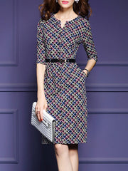 V Neck Patch Pocket Print Bodycon Dress