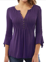 Flare Sleeve V Neck Pleated Tops
