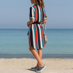 Striped Printed Lapel Lace Up Casual Dress
