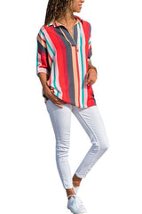Turn Down Collar Asymmetric Hem Striped Blouses