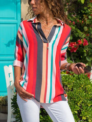 Turn Down Collar Asymmetric Hem Striped Blouses