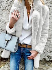 Lapel Long Sleeve Plain Fur Coat