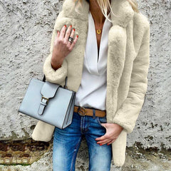 Lapel Long Sleeve Plain Fur Coat