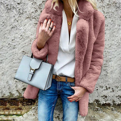 Lapel Long Sleeve Plain Fur Coat