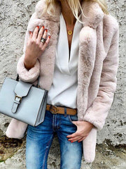 Lapel Long Sleeve Plain Fur Coat
