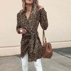 Fashionable V-Neck With Long-Sleeved Leopard Print Outerwear
