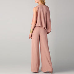 Fashion Round Neck Plain Asymmetrical Belt Bell-Bottoms Jumpsuits