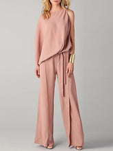 Fashion Round Neck Plain Asymmetrical Belt Bell-Bottoms Jumpsuits
