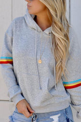 Hooded Drawstring Plain Striped Hoodies