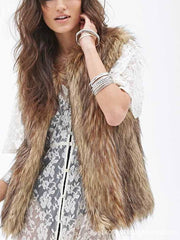 Faux Fur Collarless Plain Waistcoat