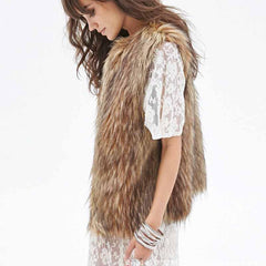Faux Fur Collarless Plain Waistcoat
