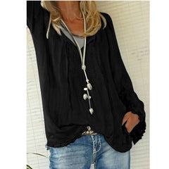 V Neck Lace Up Long Sleeve Plain Casual Blouses