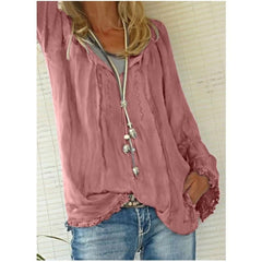 V Neck Lace Up Long Sleeve Plain Casual Blouses
