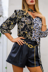 V Neck Leopard Patchwork Blouses