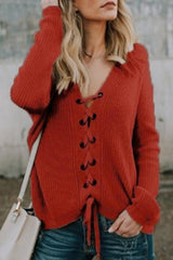 V Neck Drawstring Plain Sweaters
