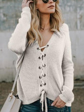 V Neck Drawstring Plain Sweaters