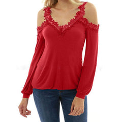 V Neck Lace Patchwork Hollow Out Long Sleeve T-Shirts