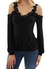 V Neck Lace Patchwork Hollow Out Long Sleeve T-Shirts