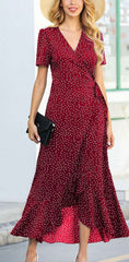 Fashion V neck Short sleeve Print Irregular Falbala Maxi Dresses