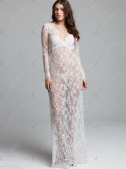 Floor-Length Lace Adjust Waist Sexy See Through Hollow Out Evening Dress