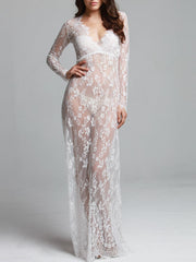 Floor-Length Lace Adjust Waist Sexy See Through Hollow Out Evening Dress