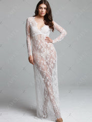 Floor-Length Lace Adjust Waist Sexy See Through Hollow Out Evening Dress