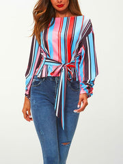 Fashion Round Neck Stripe Bow-Knot Long Sleeve T-Shirts