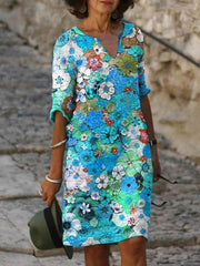 v neck floral printed women beautiful flower shift dresses
